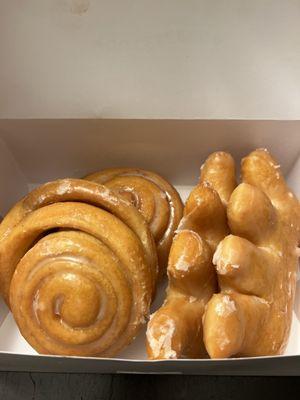 Cinnamon rolls and bear claws! The Bear Claws are filled with apple filling.