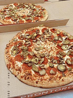 Pepperoni Pizza, mushrooms, jalapeños