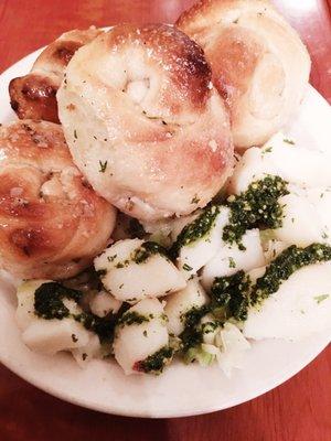 Complimentary garlic knots and Pesto potato salad. Do NOT miss a taste of their namesake!