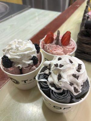 Strawberry, spooky mystery and raspberry ice cream.