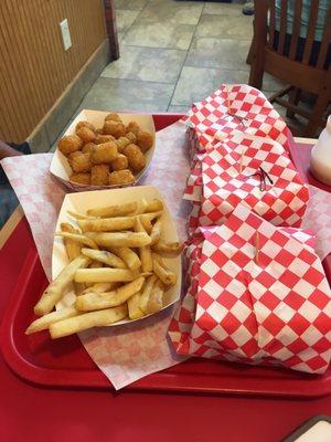 Small fries, and tots, jumbo burger and 2 regulars