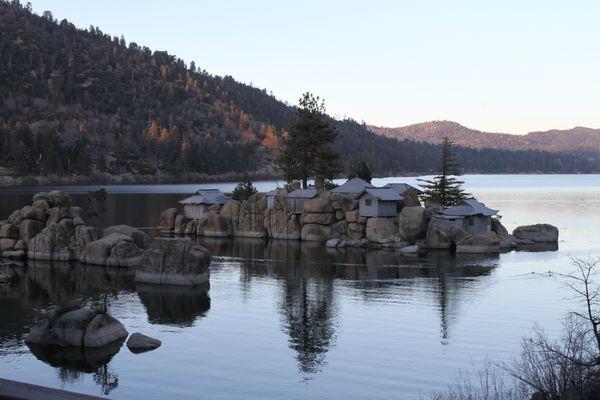 Sun setting over "China Island" in Big Bear Lake.