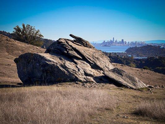 Ring Mountain Preserve in Tiburon. Turtle Rock with View of San Francisco.