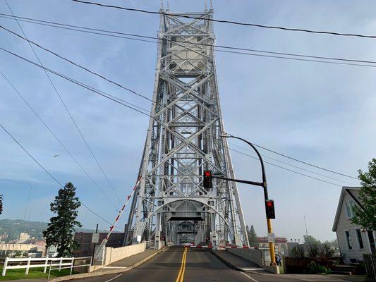 Here the Aerial Lift Bridge walking over it in downtown Duluth.