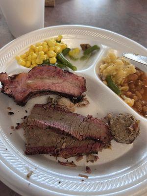 Rib, brisket, sausage, cheesy mash, green, beans