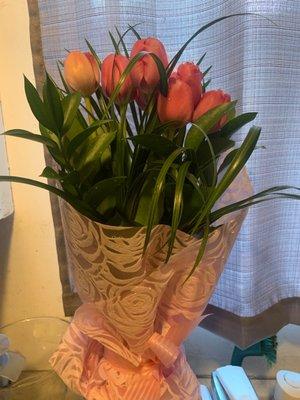 Tulips that are sitting in a vase