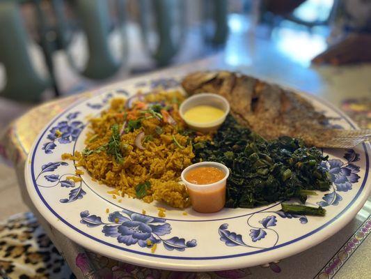 Fried Fish, rice and mixed greens