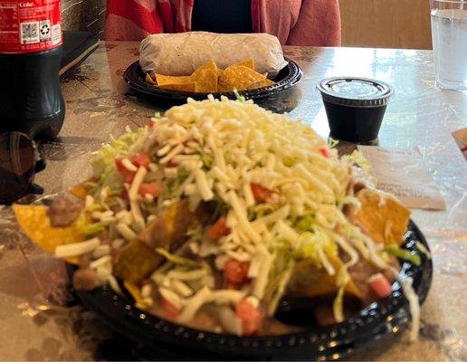 Plate of veg Nachos and Veggie Burrito, really good!