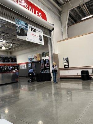 Lack of customer waiting area at the Costco Tire Center in Redwood City.