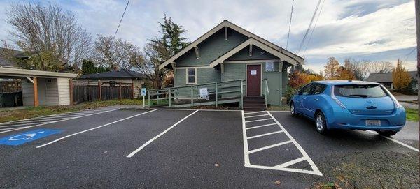 Ample parking in back of the building with wheelchair ramp access.