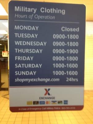 Hours for clothing and sales at the PX mini mall.