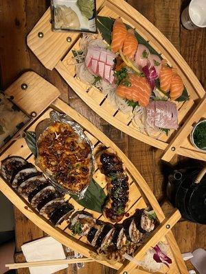 Sushi boat - we built our own with rolls and nigiri/sashimi that we wanted