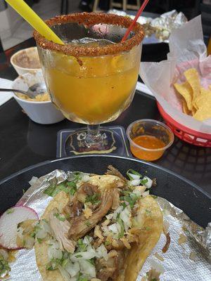 Carnitas taco and Mango Margarita