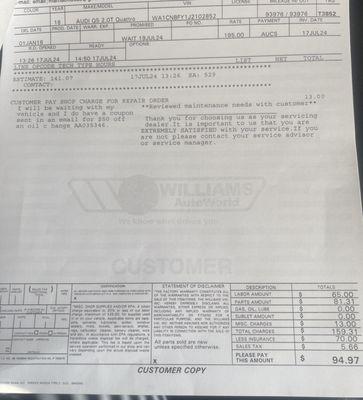 My receipt. Where is the $109.95 service? Why did he make up a new oil change rate???