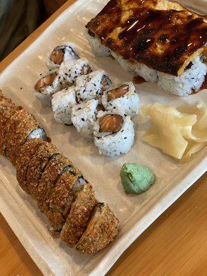 Noble Roll, spicy salmon roll and three companies roll