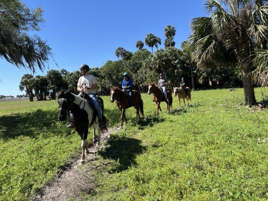 Horseback riding on a trail