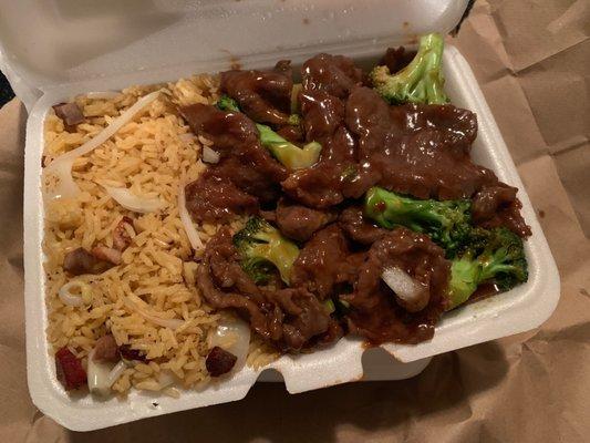 Beef and broccoli with extra BEEF and Pork fried rice FANTASTIC