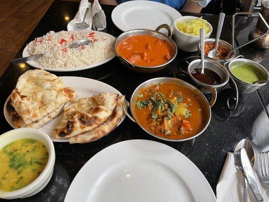 Lamb Rogan Josh, Chicken Tikka Masala and garlic naan (the rest comes with the food)