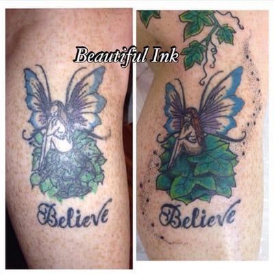 Reworked her old tattoo and covered up the leaves at the bottom & added pixie dust.