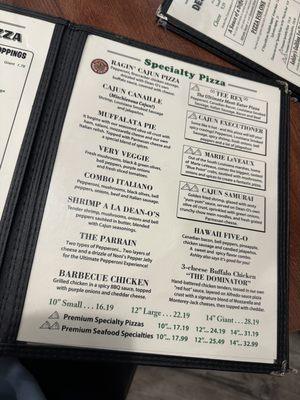 Menu- Specialty Pizzas