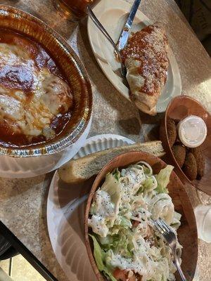 Stromboli, jalapeño poppers, Cheese Ravioli with marina, side salad + bread stick