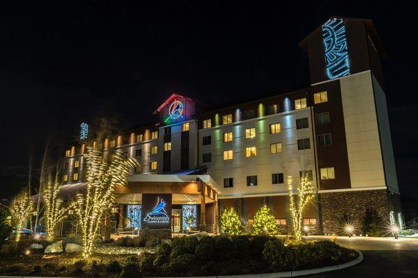 Swinomish Lodge entrance at night