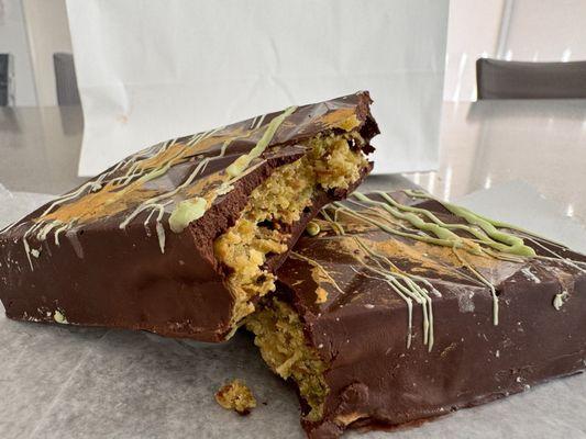 Inside of the viral Dubai pistachio chocolate bar