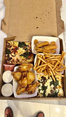 Wings French Fries 18" The Vegan Pizza Creamy Onion, Spinach, and Mushroom Slice Mozzarella Sticks