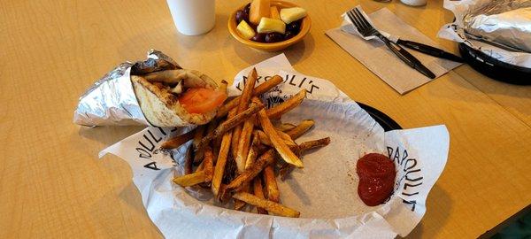 Gyro with fries and mixed fruit