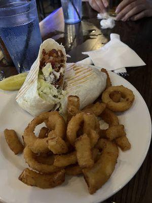 Chicken BLT Ranch Wrap with onion rings