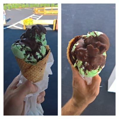 Mint chocolate chip in a homemade waffle cone! And then chocolate dipped too!