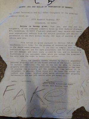 Fake eviction notice from Scott evans