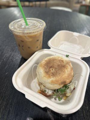 Deluxe breakfast sandwich and ice pecan latte