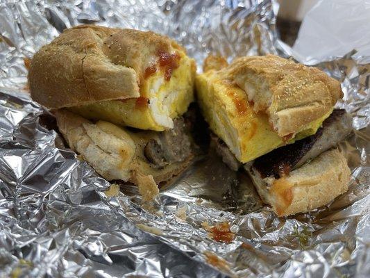 Italian sausage, Egg & Pepper Jack Cheese on a Roll.