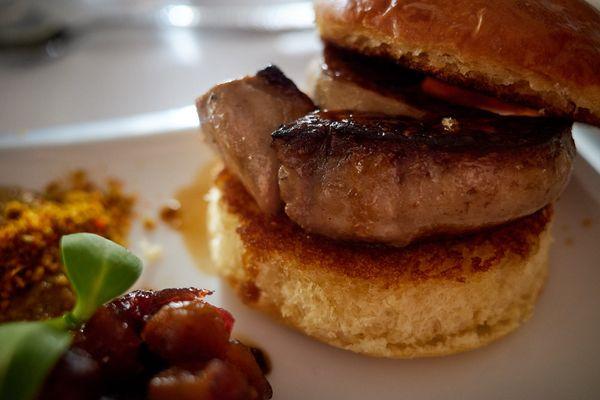 Foie gras sando w/ apricot chutney, pistachio butter on toasted brioche