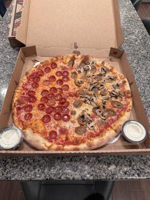 Half pepperoni half sausage and mushroom