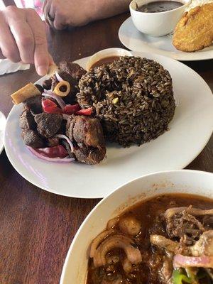 Fried goat, mushroom rice, ox tail