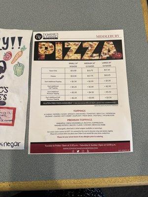 Pizza menu