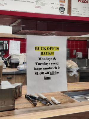 Buck off large sandwiches Monday and Tuesday