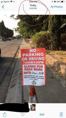 Showing the street signs saying when they will be closing the streets or people will be towed.  Screen shot to show the time.