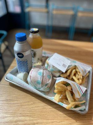 PLNT Cheeseburger. Save The Bay Fillet. Crispy Herb Fries Just Ice Tea. Proud Source Bottled Water