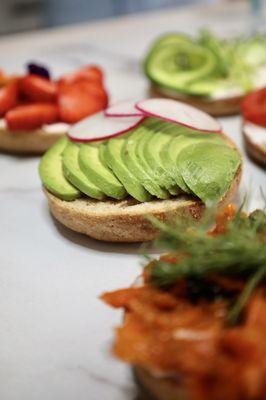 Bagel halves topped with different toppings. please note we only sell bagels, no ready to eat sandwiches