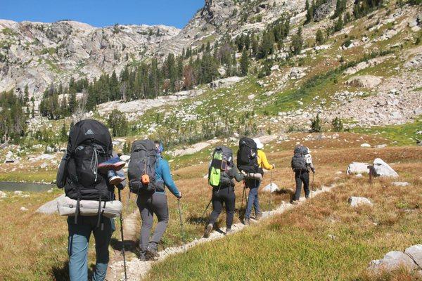 5 hikers hiking on a trail, walking away from the photographer with mountains and pine trees in the background.