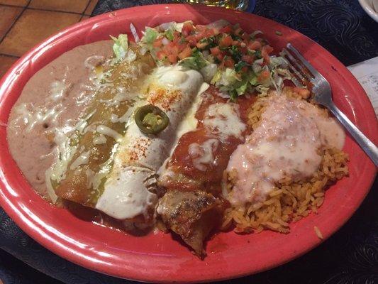 Enchiladas banderas w/queso on the rice because life is short. (Beef, cheese & chicken enchiladas). Chicken was the best.