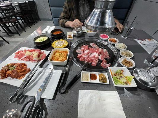 Banchan, brisket, Hawaiian bulgogi, spicy pork bulgogi.