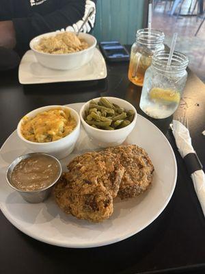 Country fried steak mash potatoes and green beans.