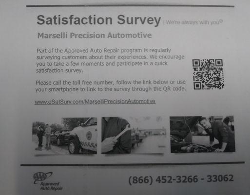 We are now recognized at an AAA repair facility, to keep us on this program we need AAA survey complete. Please help us help all of you!