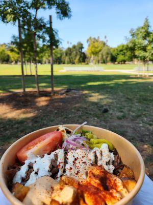 Gyna gryo's beef & lamb pita bowl from down the street just past L St. Shady & 82F. 10-18-23