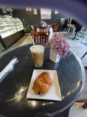 Hazelnut Oatmilk Latte, with a chocolate croissant!