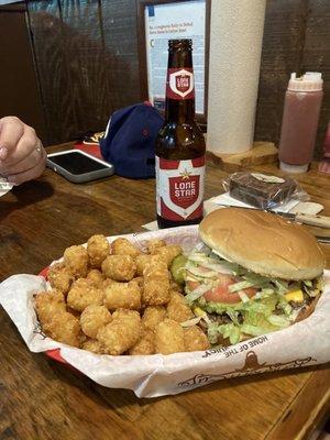 Guacamole Burger, tots, brownie, Lone Star